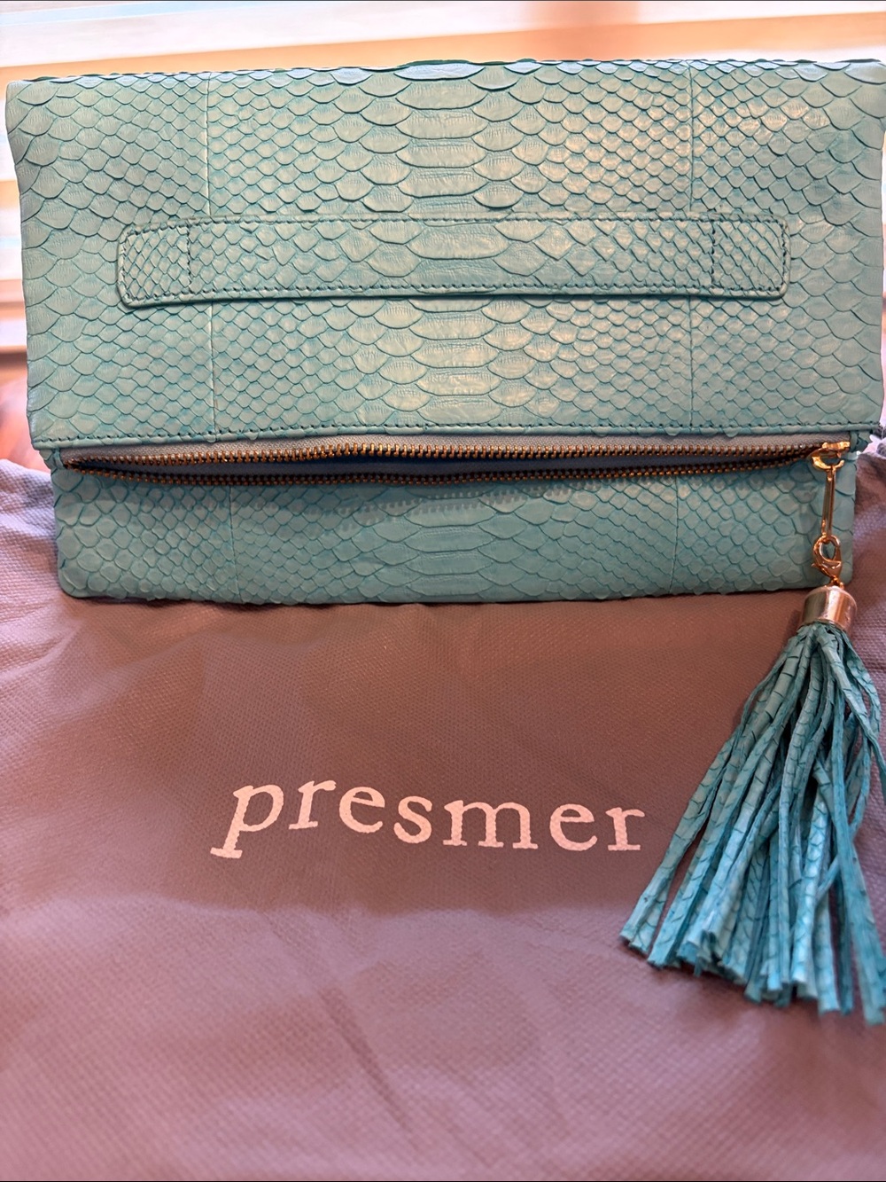 Teal Foldover Clutch with Tassel Detail